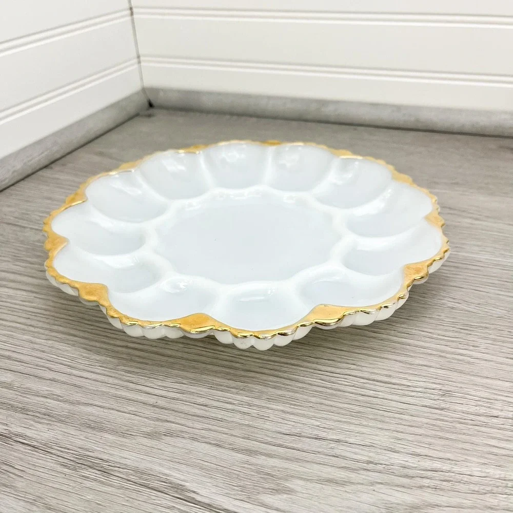 Anchor Hocking Milk Glass Gold Rim Deviled Egg Tray/Platter